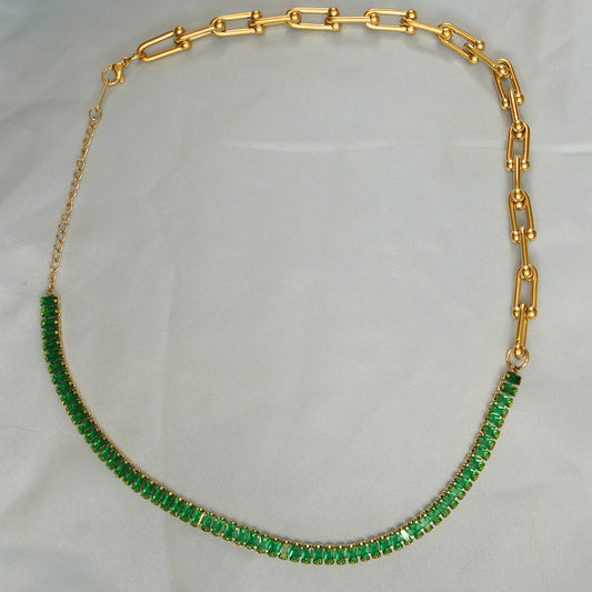 Green Stone Accents Chain Necklace 316L