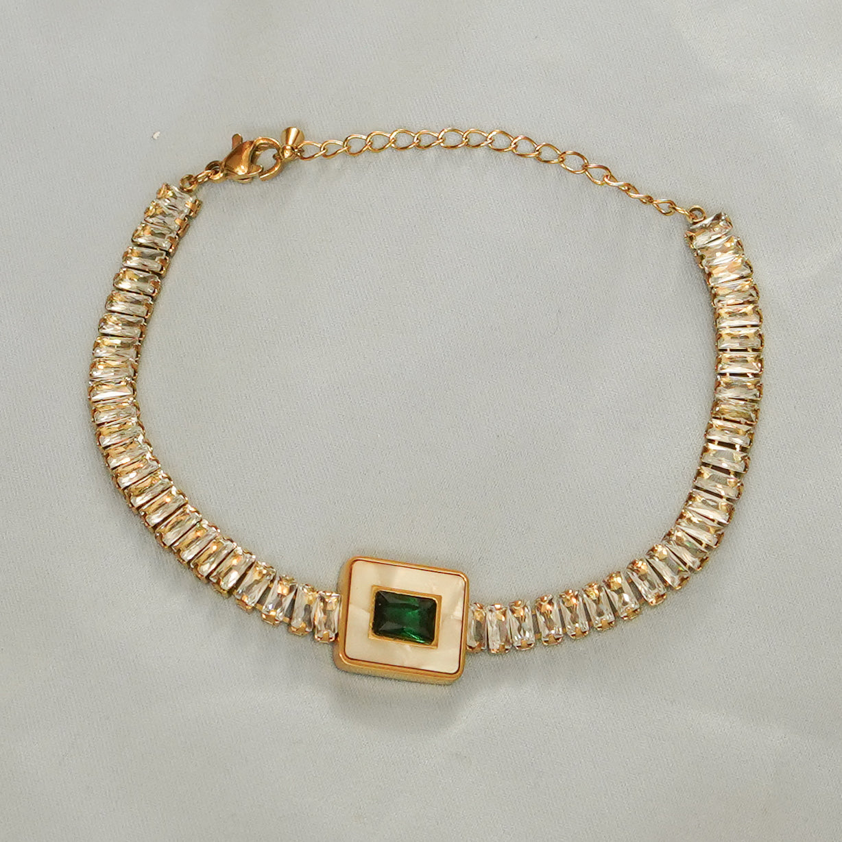 Green Stone & Crystal Detailing Bracelet 316L