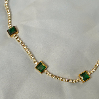 Green Square Crystal Accents Necklace 316L