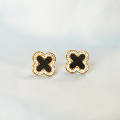 Black Enamel Inlay Clover Stud Earring