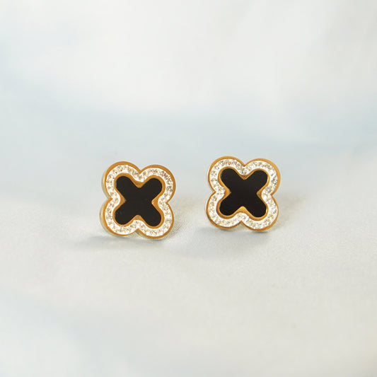 Black Enamel Inlay Clover Stud Earring