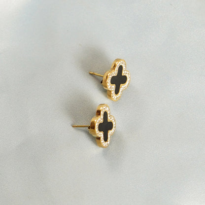 Black Enamel Inlay Clover Stud Earring