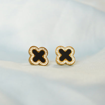 Black Enamel Inlay Clover Stud Earring