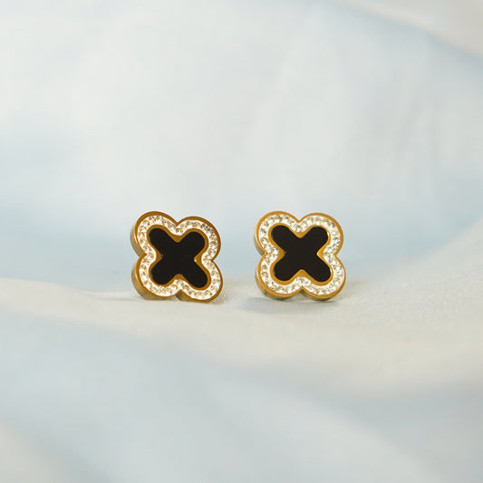 Black Enamel Inlay Clover Stud Earring