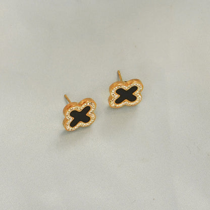 Black Enamel Inlay Clover Stud Earring