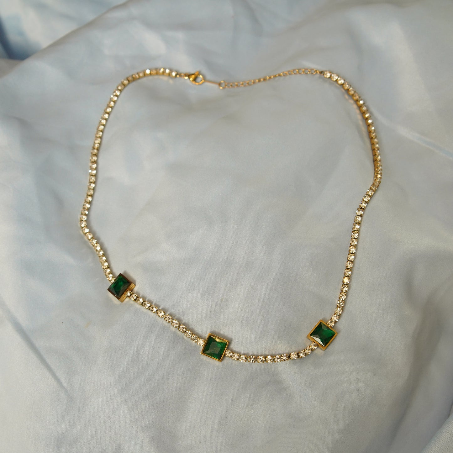 Green Square Crystal Accents Necklace 316L