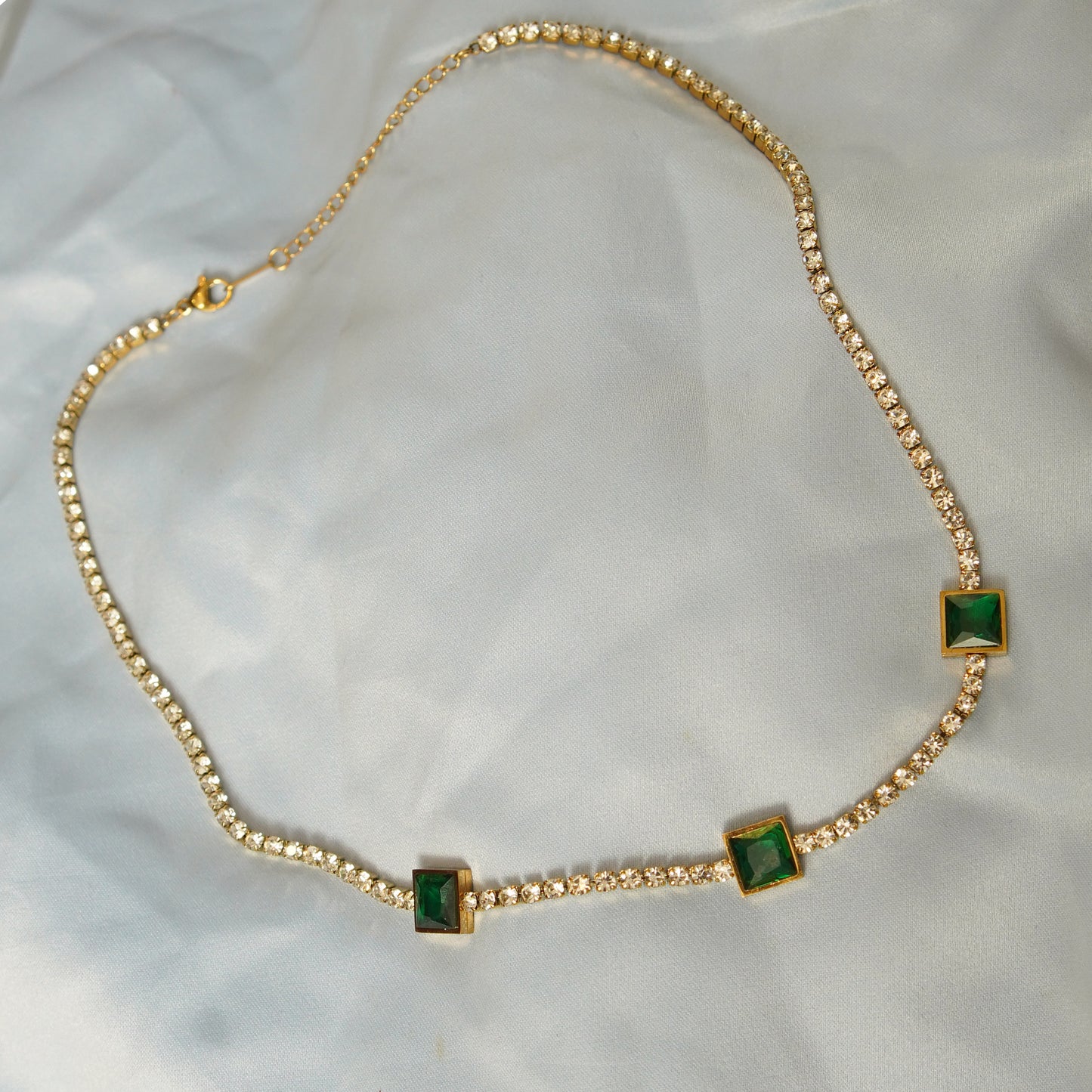 Green Square Crystal Accents Necklace 316L