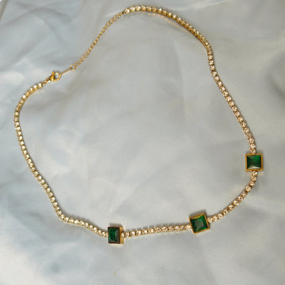 Green Square Crystal Accents Necklace 316L