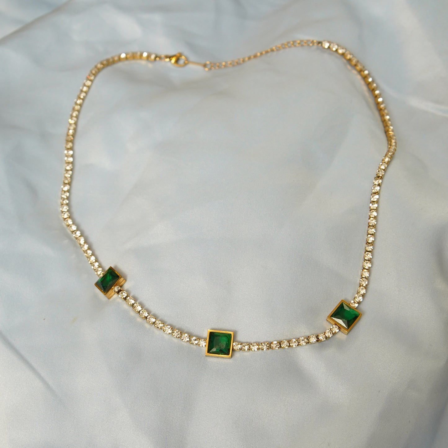 Green Square Crystal Accents Necklace 316L