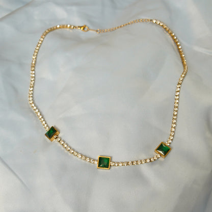 Green Square Crystal Accents Necklace 316L