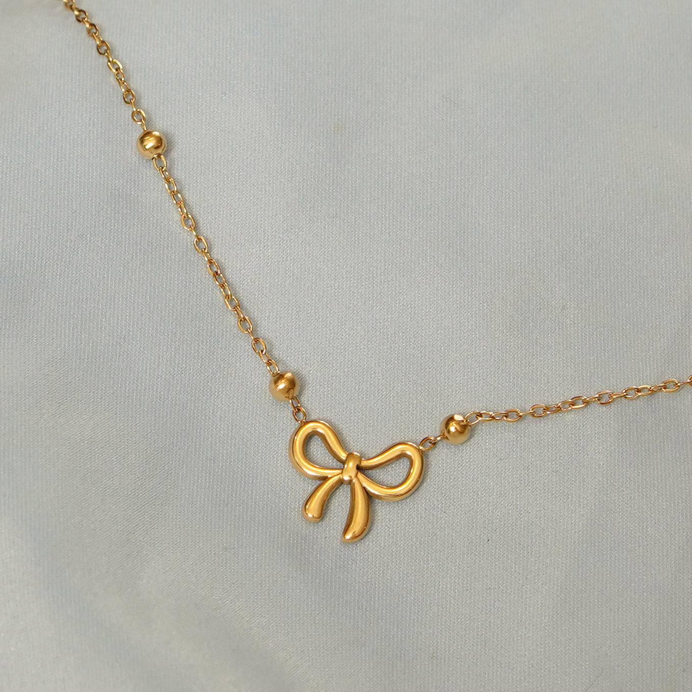 Bow Pendant Beaded Chain Necklace 316L