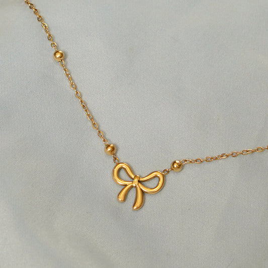 Bow Pendant Beaded Chain Necklace 316L