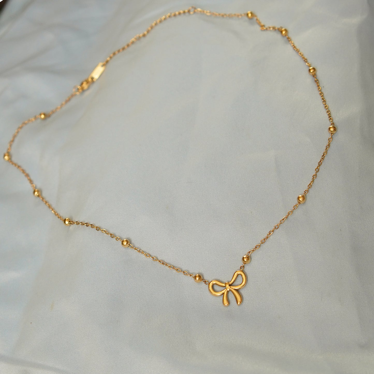 Bow Pendant Beaded Chain Necklace 316L