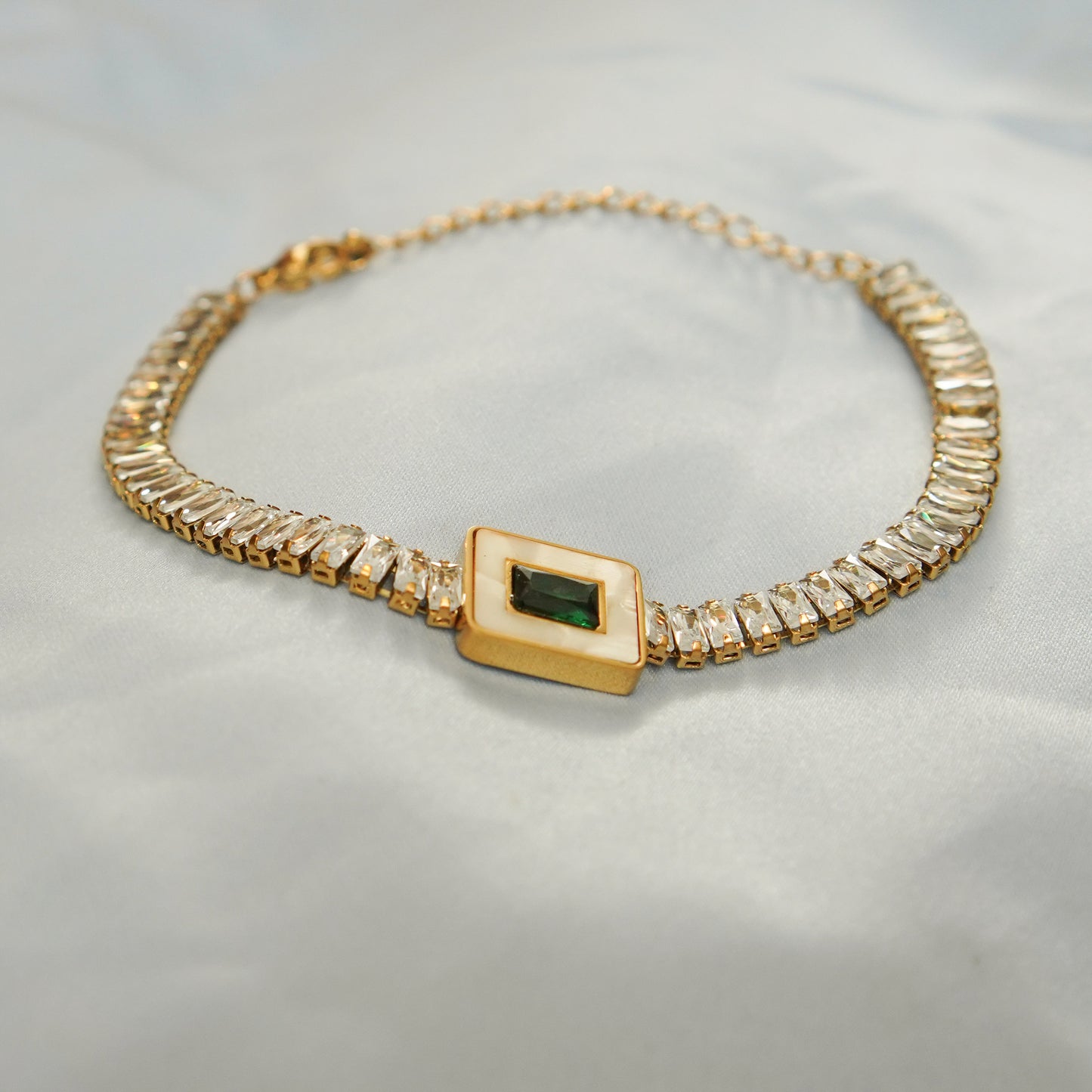 Green Stone & Crystal Detailing Bracelet 316L