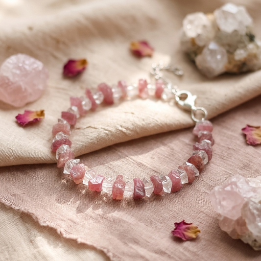 Natural Pink Tourmaline with Diamond Qaurtz Bracelet.